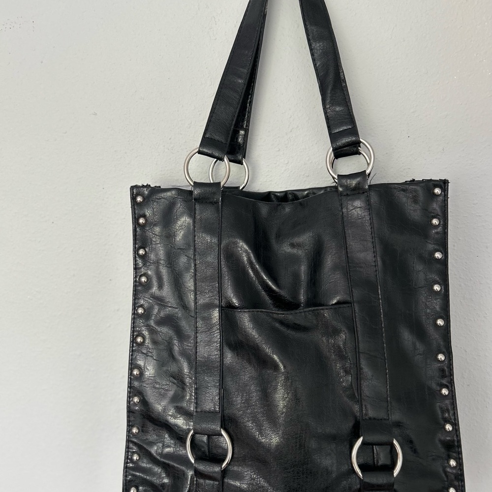 Black vegan studded handbag/purse/tote. Great for travel or laptop. Sassy! - Picture 2 of 11